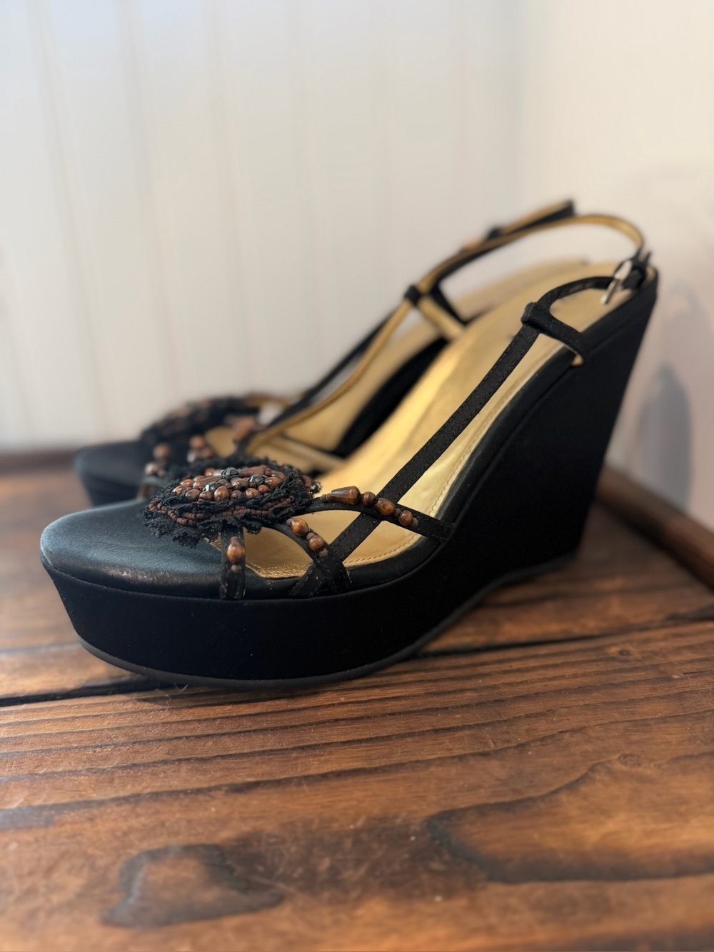 Prada Y2K Black Satin Brown Beaded Flower Platform Slingback Wedges